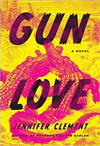 This cover looks like it has been washed with vibrant, deep yellow from top to bottom. Showing through the yellow, and taking up the bottom two thirds of the cover are two fighting alligators in  vibrant, hot, pink.  The words GUN LOVE are superimposed in large, capital, black letters above and in front of the alligators.