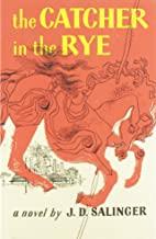 In the center of the cover is a sketch of a slightly abstract, slightly forward tilted Carosel horse. The top of the cover, moving up from the horse's feet, legs, body, and the rest of the cover to the very top of the cover is reddish-orange in color.  In the topmost reddish-orange area are the words the Catcher in the Rye in vibrant yellow. Below the horse's red body and legs the page is cream in color, with a small sketch of Central Park and part of the city scape visible between the Carosel horse's legs.