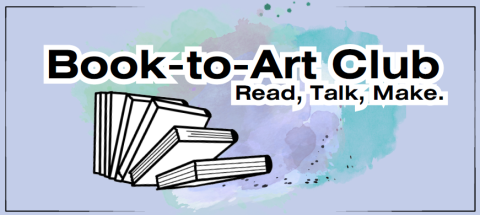 Book to Art Club Read Talk Make. Image with purple background, stack of books. 